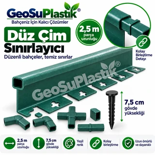Yeşil düz çim sınırlayıcı profil ve bağlantı parçaları, 2,5 metre parça ve 7,5 cm gövde ölçüsü.