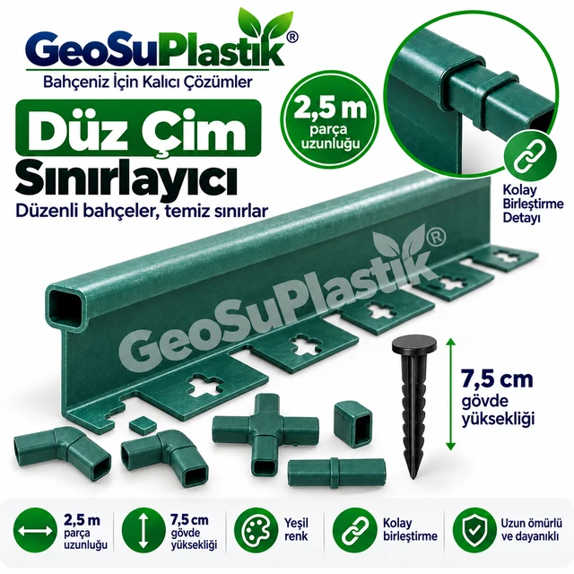 Yeşil düz çim sınırlayıcı profil ve bağlantı parçaları, 2,5 metre parça ve 7,5 cm gövde ölçüsü.