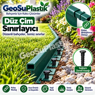 Yeşil düz çim sınırlayıcı ile çim, taş ve çiçek tarhı arasında düzenli sınır.