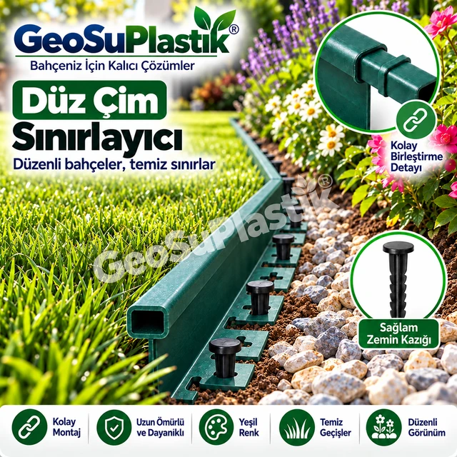 Yeşil düz çim sınırlayıcı ile çim, taş ve çiçek tarhı arasında düzenli sınır.