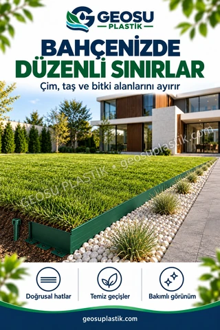 Bahçe kenarlarında düz çim sınırlayıcı ile çim ve peyzaj alanlarının ayrılması.