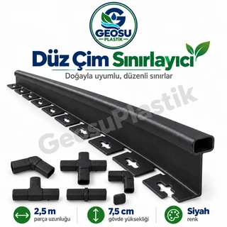 Siyah düz çim sınırlayıcı profil ve bağlantı parçaları, 2,5 metre parça ve 7,5 cm gövde ölçüsü.