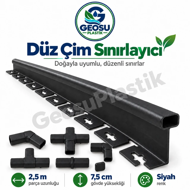 Siyah düz çim sınırlayıcı profil ve bağlantı parçaları, 2,5 metre parça ve 7,5 cm gövde ölçüsü.