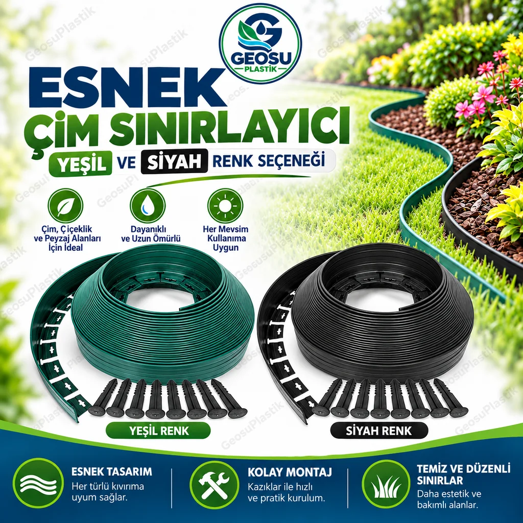 Esnek çim sınırlayıcının yeşil ve siyah renk seçenekleri, rulolar ve montaj kazıkları