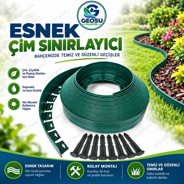 Yeşil esnek çim sınırlayıcı rulosu ve montaj kazıkları