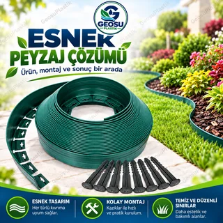 Bahçe peyzajında kullanılan yeşil esnek çim sınırlayıcı