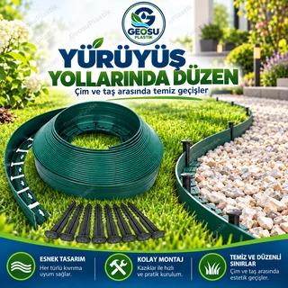 Yürüyüş yolu kenarında çim ile taş alanı ayıran yeşil esnek çim sınırlayıcı
