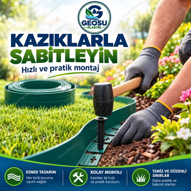 Esnek çim sınırlayıcının kazıklarla zemine sabitlenmesi