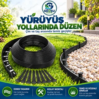 Taş yürüyüş yolu boyunca uzanan siyah esnek çim sınırlayıcı