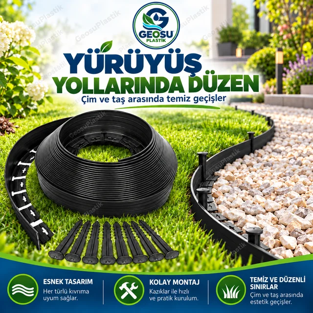Taş yürüyüş yolu boyunca uzanan siyah esnek çim sınırlayıcı
