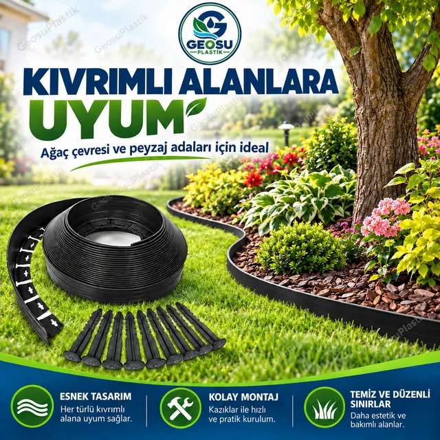 Kıvrımlı bahçe kenarlarında kullanılan siyah esnek çim sınırlayıcı