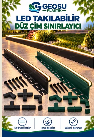 Siyah ve koyu yeşil LED takılabilir düz çim sınırlayıcı profilleri ve bağlantı parçaları