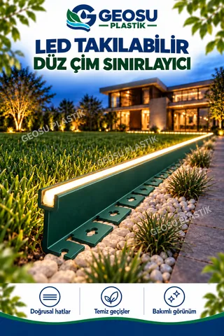 Koyu petrol yeşili LED'li çim sınırlayıcının bahçe uygulaması
