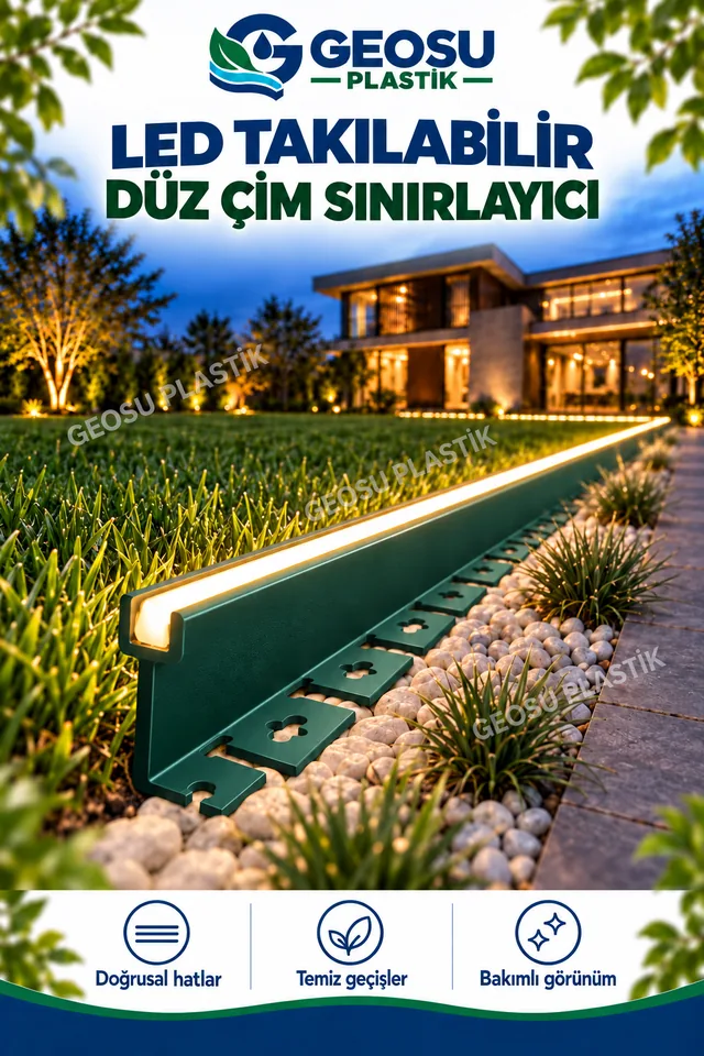 Koyu petrol yeşili LED'li çim sınırlayıcının bahçe uygulaması