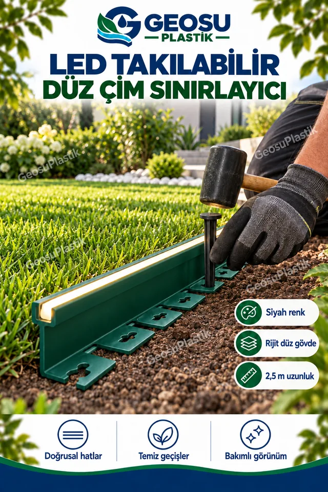 LED'li koyu yeşil çim sınırlayıcının kazıkla zemine sabitlenmesi