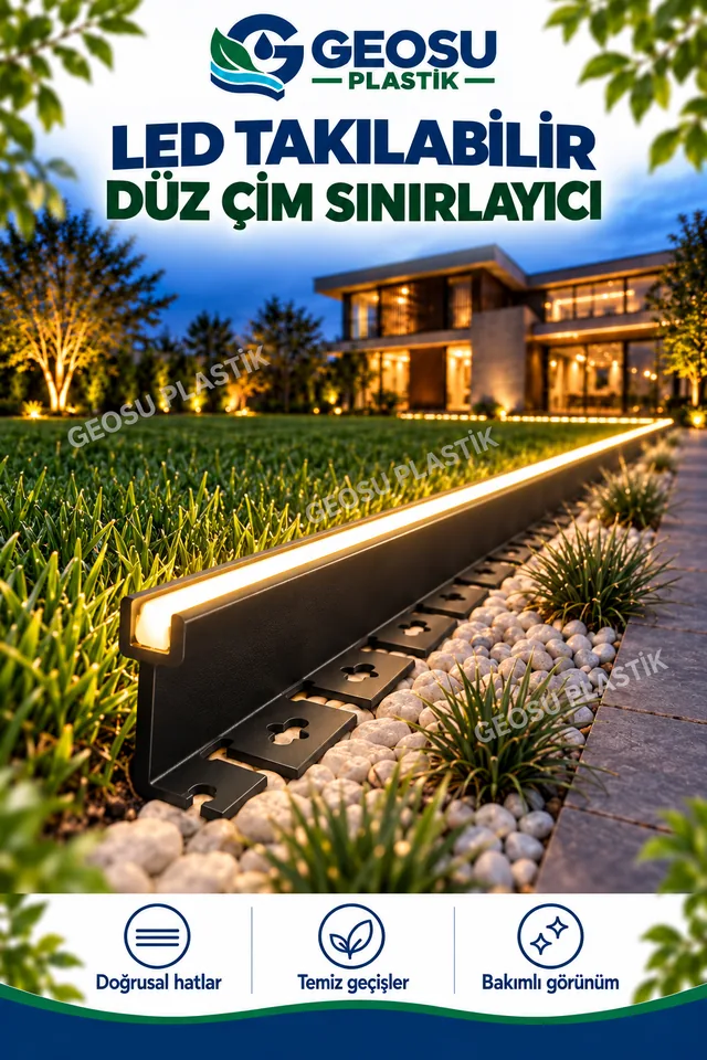 LED'li çim sınırlayıcıyla çim ve taş alanı ayıran düz uygulama