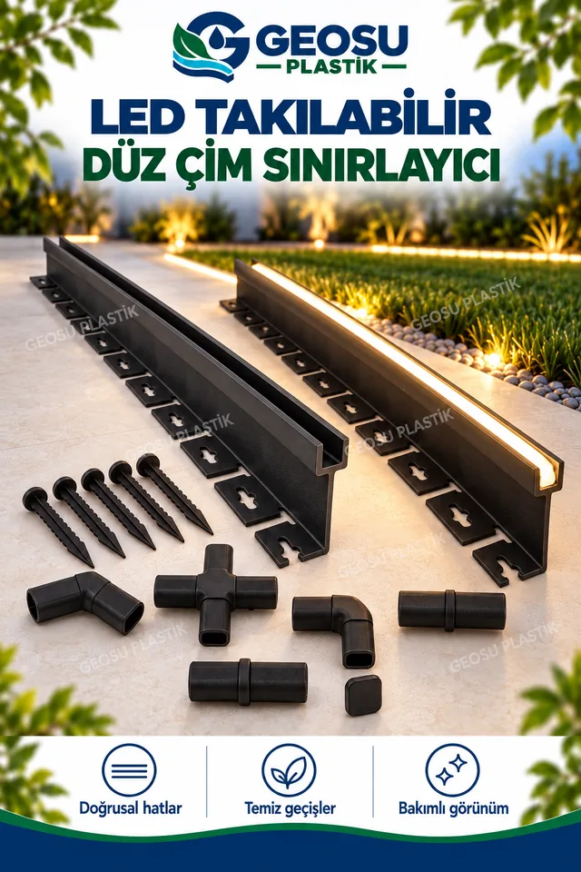 Siyah LED'li çim sınırlayıcı profilleri, kazıklar ve bağlantı parçaları