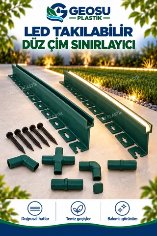 Petrol yeşili LED'li çim sınırlayıcının bahçe sınırındaki uygulaması