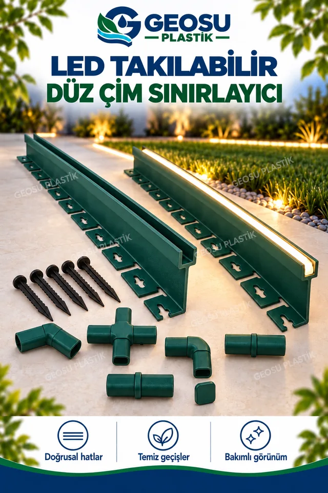 Petrol yeşili LED'li çim sınırlayıcının bahçe sınırındaki uygulaması