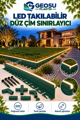 Yeşil LED'li çim sınırlayıcı profili ve siyah bağlantı parçaları