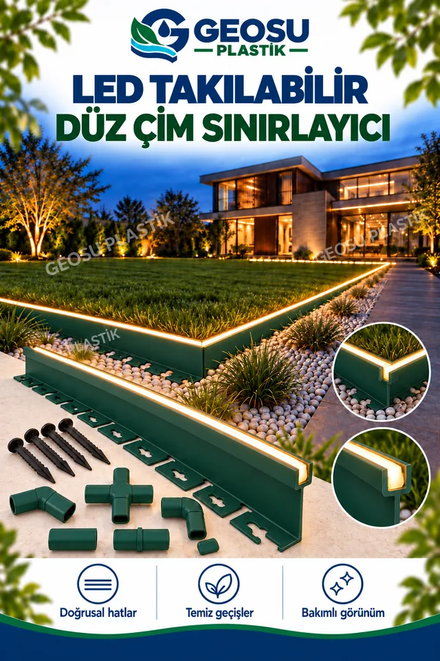 Yeşil LED'li çim sınırlayıcı profili ve siyah bağlantı parçaları