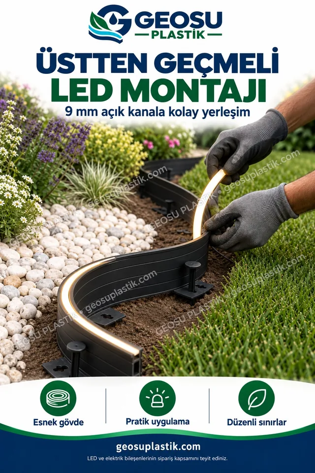 LED kanallı esnek çim sınırlayıcıya LED şeridin üstten yerleştirilmesi