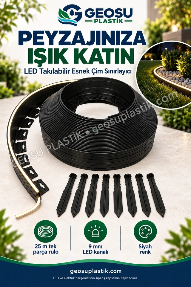 Siyah LED kanallı esnek çim sınırlayıcı rulosu ve sabitleme kazıkları