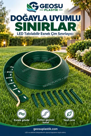 Bahçede kullanılan yeşil LED kanallı esnek çim sınırlayıcı rulosu ve kazıklar