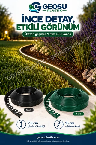 LED kanalı, ürün yüksekliği ve sabitleme kazığını gösteren esnek çim sınırlayıcı