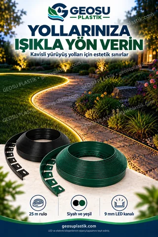 LED ışıklı kıvrımlı bahçe yolu ve esnek çim sınırlayıcı uygulaması