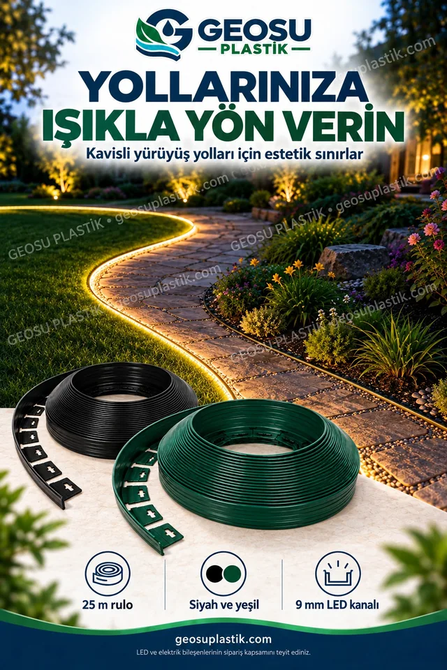 LED ışıklı kıvrımlı bahçe yolu ve esnek çim sınırlayıcı uygulaması